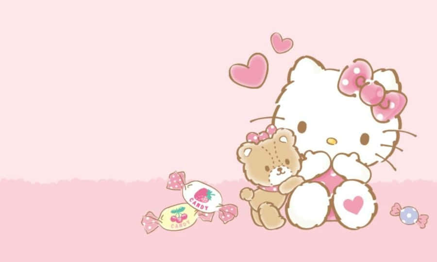 Hello Kitty segurando um ursinho de pelúcia com doces e corações ao redor. — Olá Kitty Papéis de Parede