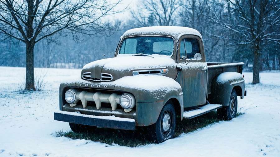 Vintage Ford truck in snowy scene with falling snow. — Old Ford Truck Background
