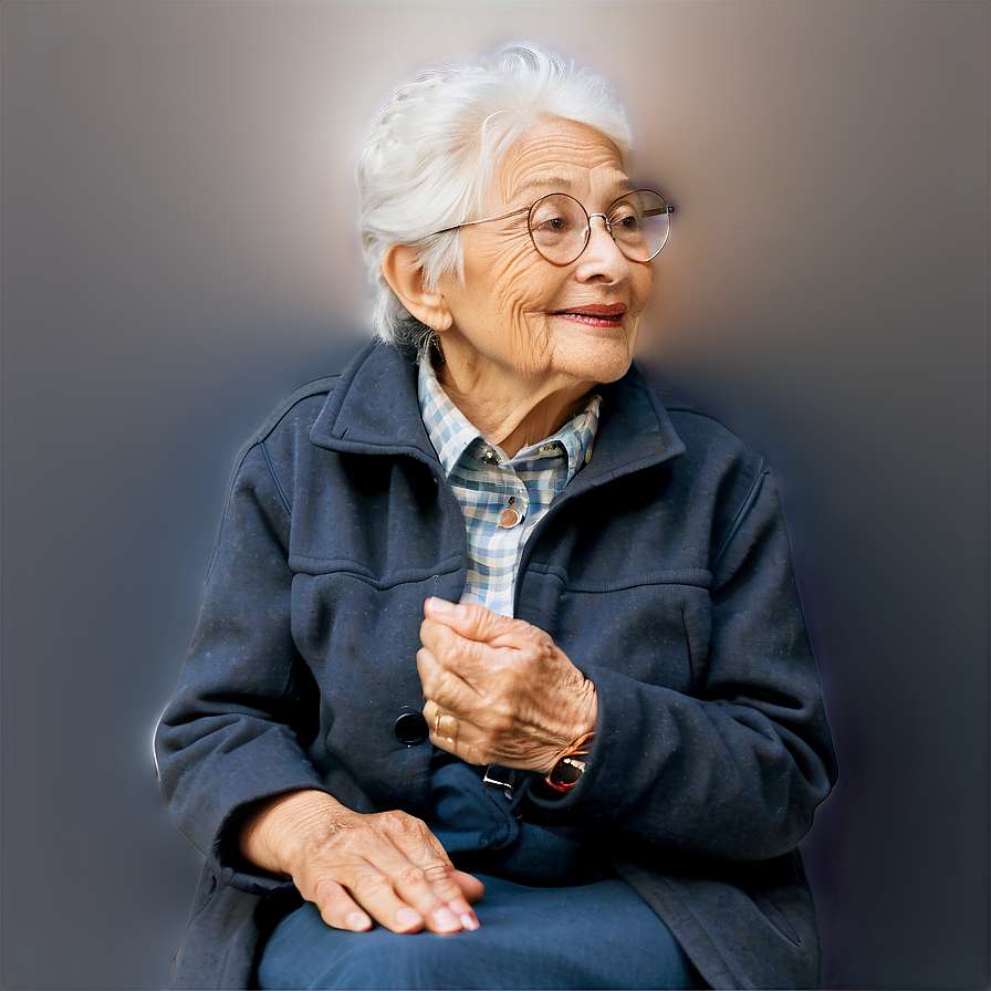 An elderly woman with white hair and glasses smiles while seated. — Old Lady Background