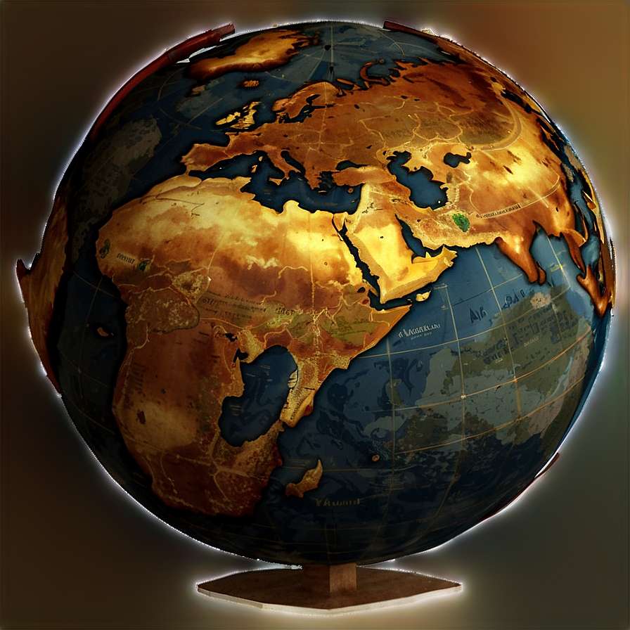 An antique globe with golden continents and dark blue oceans on a wooden stand. — Old Map Picture