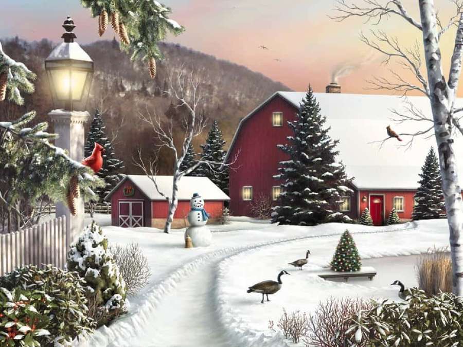 Snow-covered farm with red barn snowman and geese near frozen pond at sunset. — Old Winter Picture