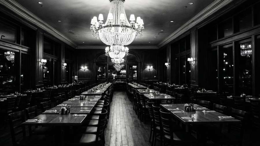 Dramatic black and white Olive Garden interior with chandelier perspective. — Olive Garden Wallpaper
