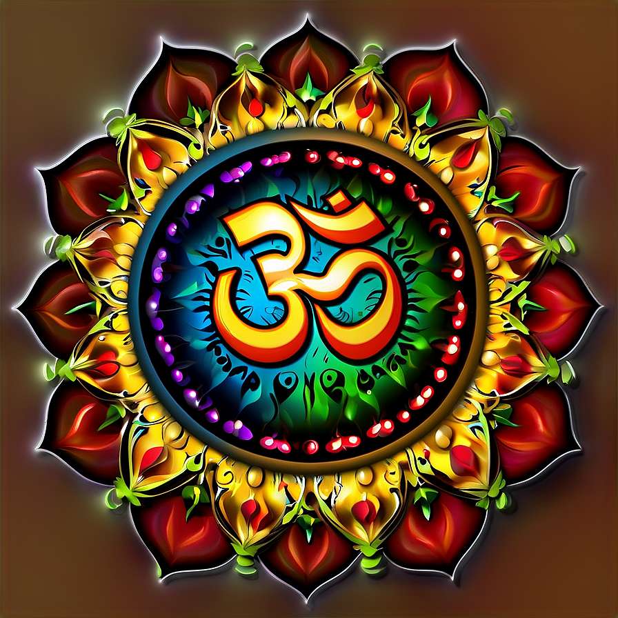Vibrant mandala featuring a glowing Om symbol surrounded by red and gold petals. — Om PNG