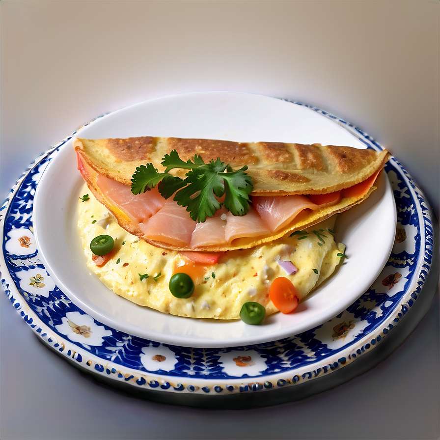 A plated omelette with ham and cilantro garnish on a blue floral dish. — Omelette Wallpaper