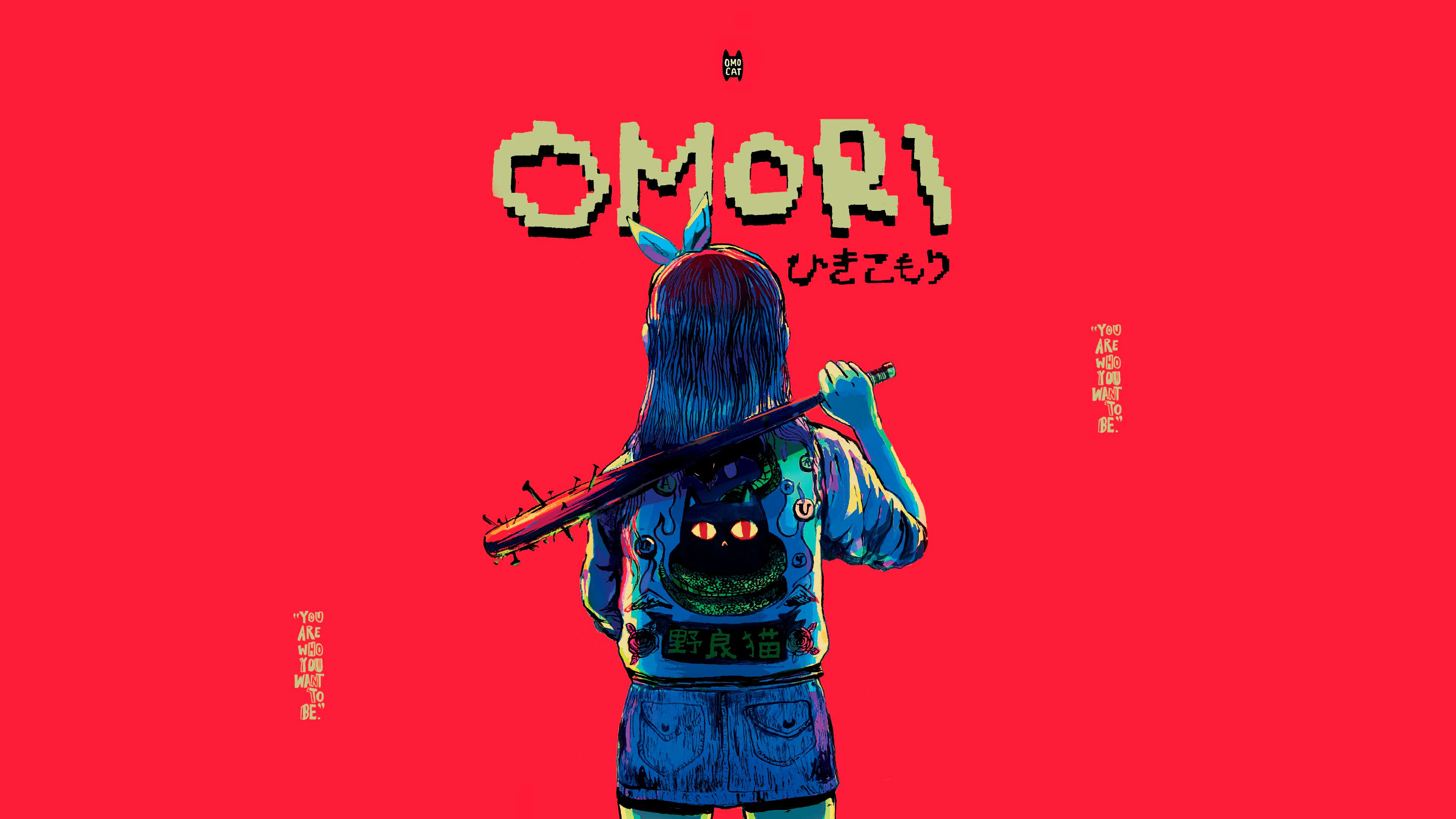 Back view of a blue-haired anime character holding a katana against a red background with game title text. — Omori Background