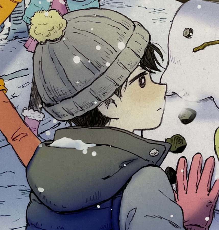 Kind in Wintermantel und Mütze berührt Schneemann im fallenden Schnee. — Omori Bilder
