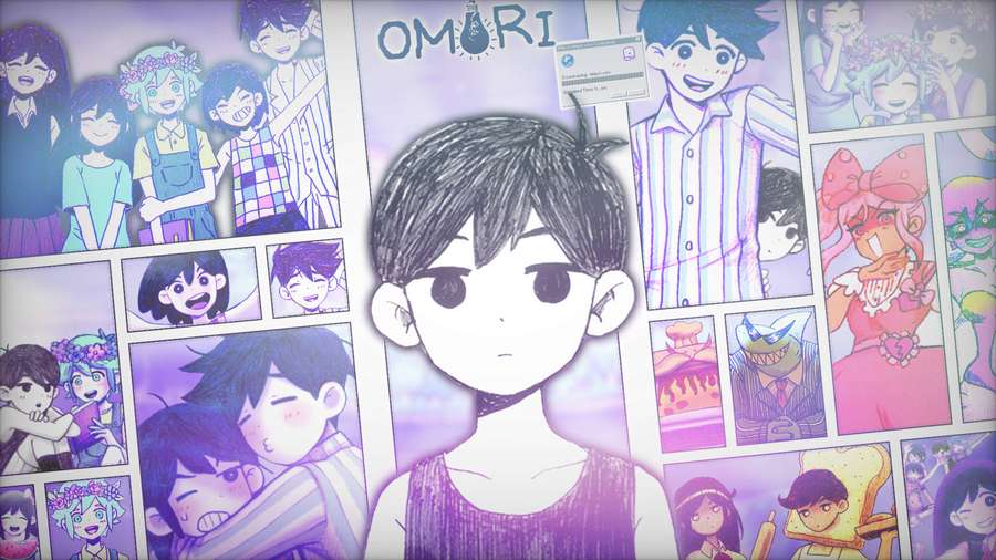 Anime boy in front of comic panels from Omori game with purple lighting — Omori Wallpaper