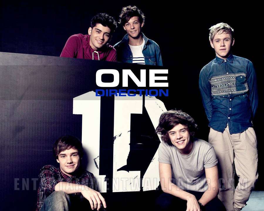 Cinco miembros de One Direction posando alrededor de un gran logotipo 1D con texto del nombre de la banda. — One Direction Fondos de pantalla