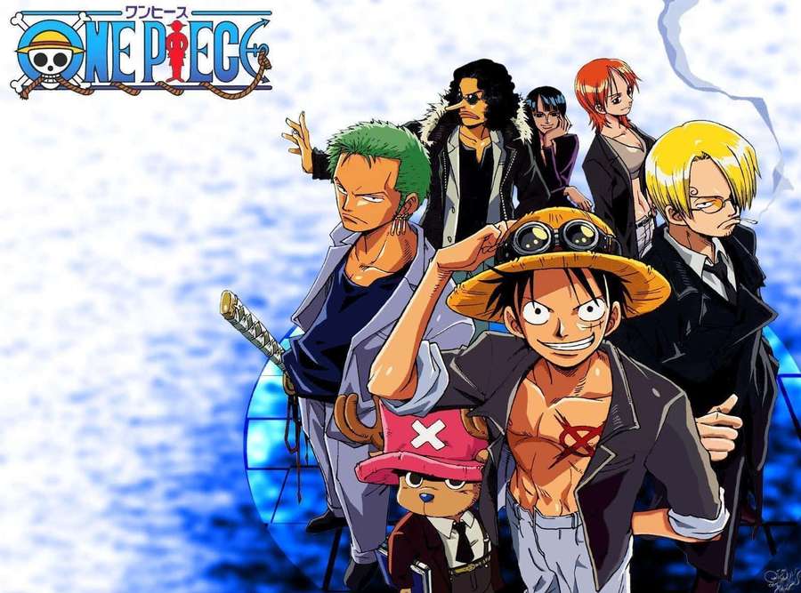 Tripulación de anime de One Piece de pie juntos en un barco con fondo de océano azul. — One Piece Anime Fondos de pantalla