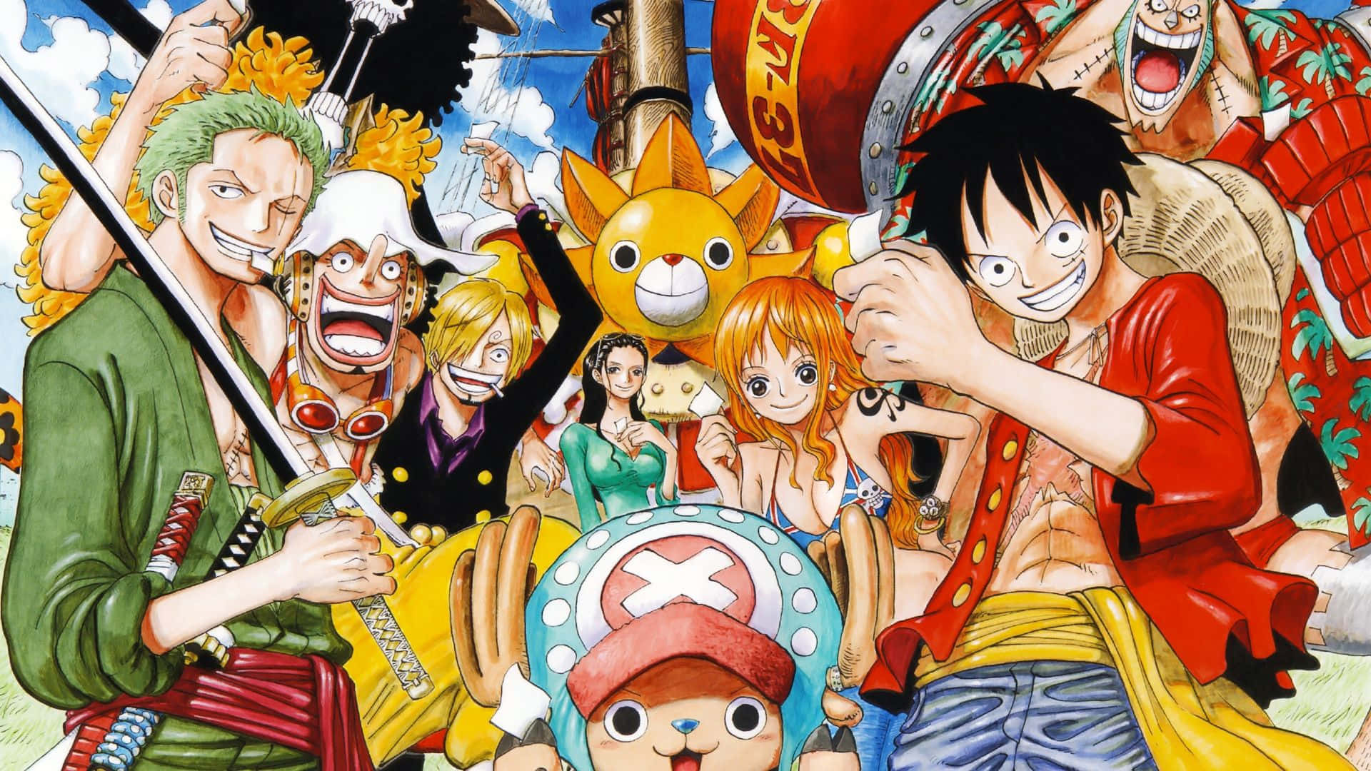 Tripulación pirata de anime celebrando con espadas y expresiones alegres. — One Piece Fondos de pantalla