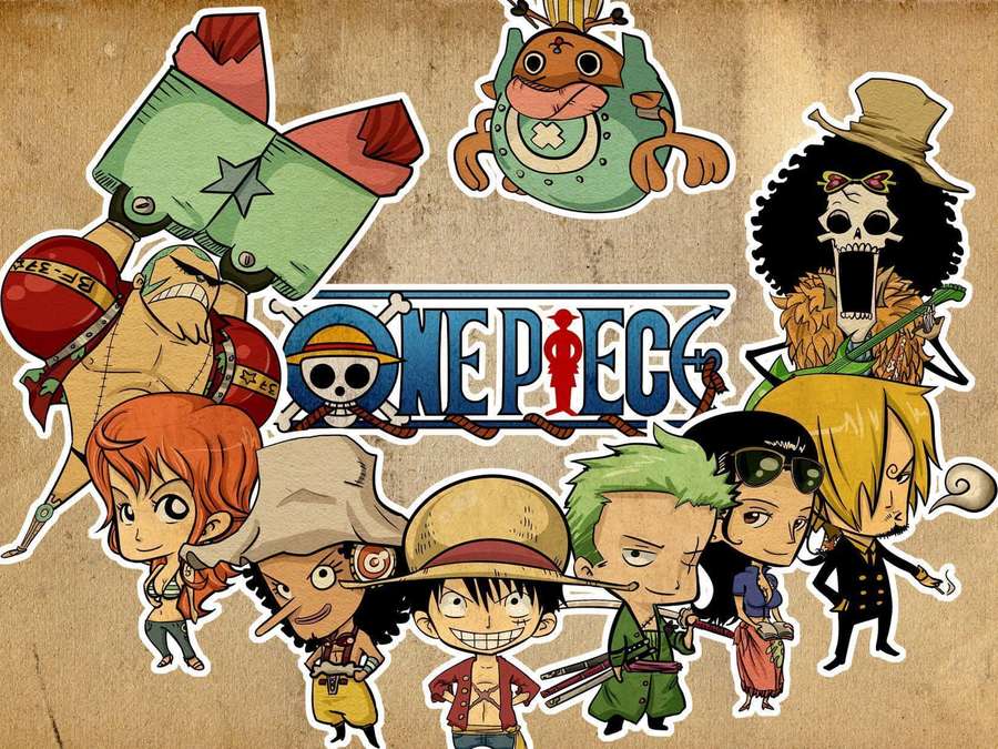 One Piece anime characters in chibi style as stickers on brown paper. — One Piece Chibi Wallpaper