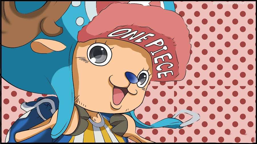 Anime character with red hat and blue hair smiling against pink polka dot background. — One Piece Chopper Wallpaper