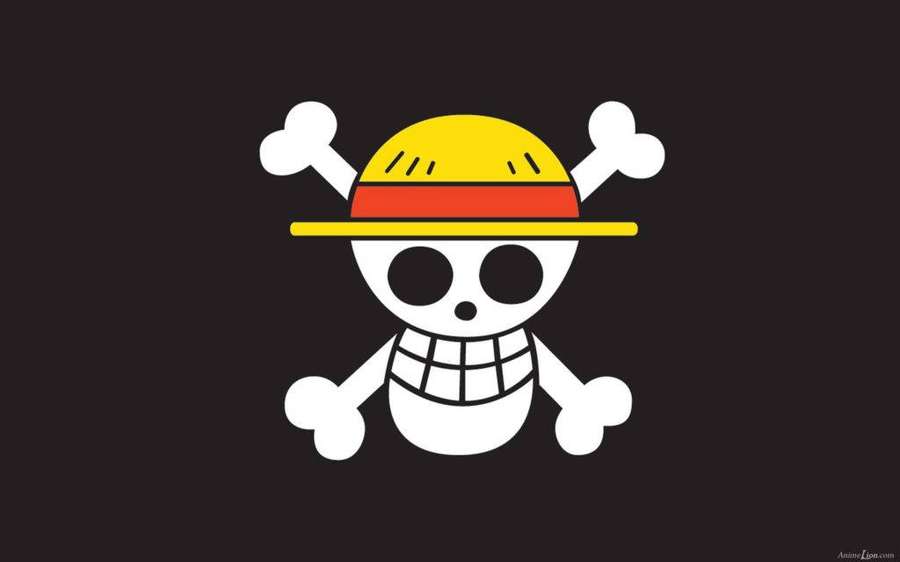 Pirate skull wearing yellow hat and grid shirt on black background — One Piece Logo Wallpaper