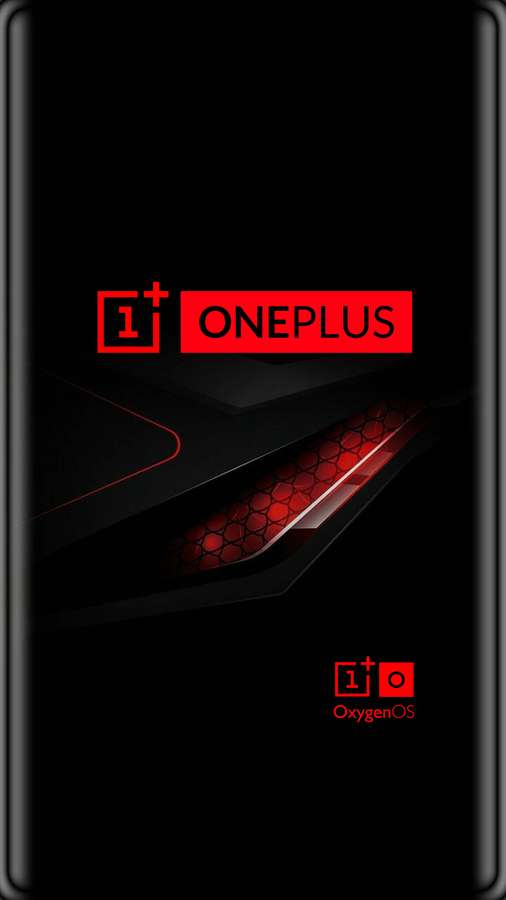Teléfono inteligente negro con logotipos rojos de OnePlus y OxygenOS y patrones de luz hexagonales brillantes. — Oneplus 7 Pro Fondos de pantalla