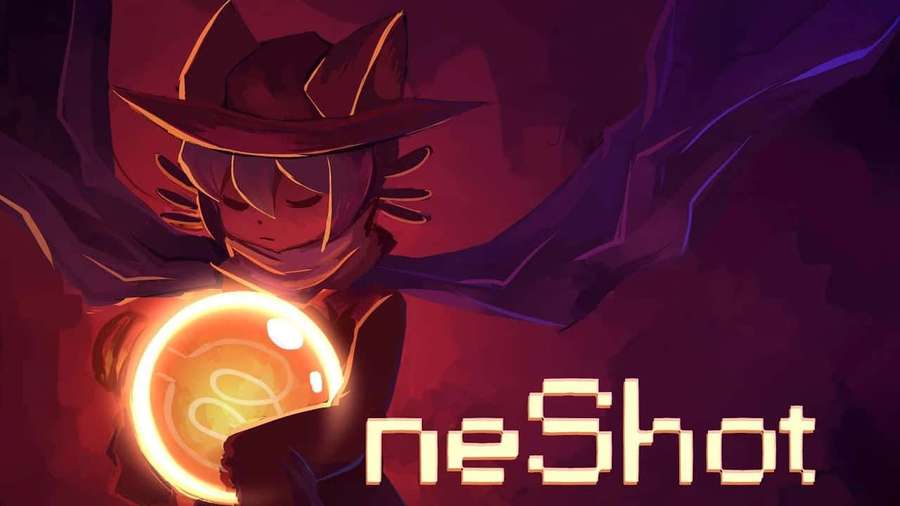 Anime cowboy holding glowing orb with pixel text neShot — Oneshot Wallpaper