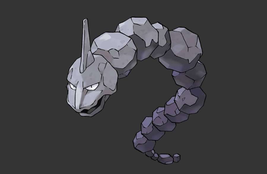 A gray stone snake with glowing eyes and jagged segments. — Onix Background