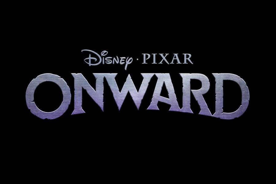 Disney Pixar movie title Onward in glowing purple metallic letters on black background. — Onward Background