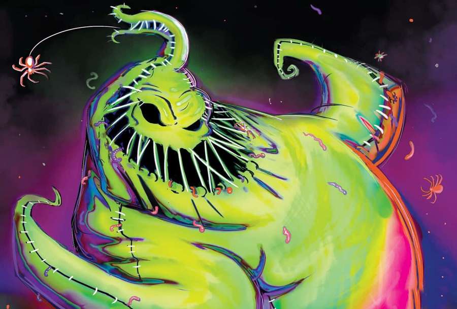 Neon green stitched monster with sharp teeth and tentacles floating in cosmic space with spiders. — Oogie Boogie Wallpaper
