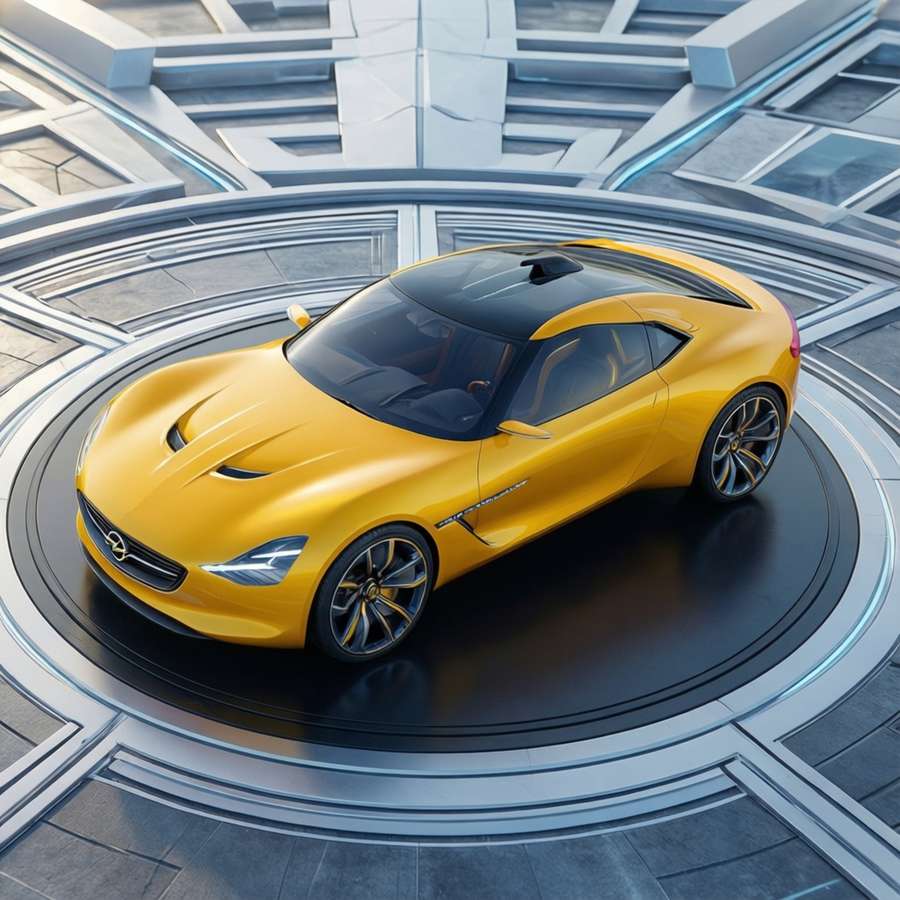 Aerial top-down view of a yellow Opel GT concept car on a geometric platform. — Opel Background