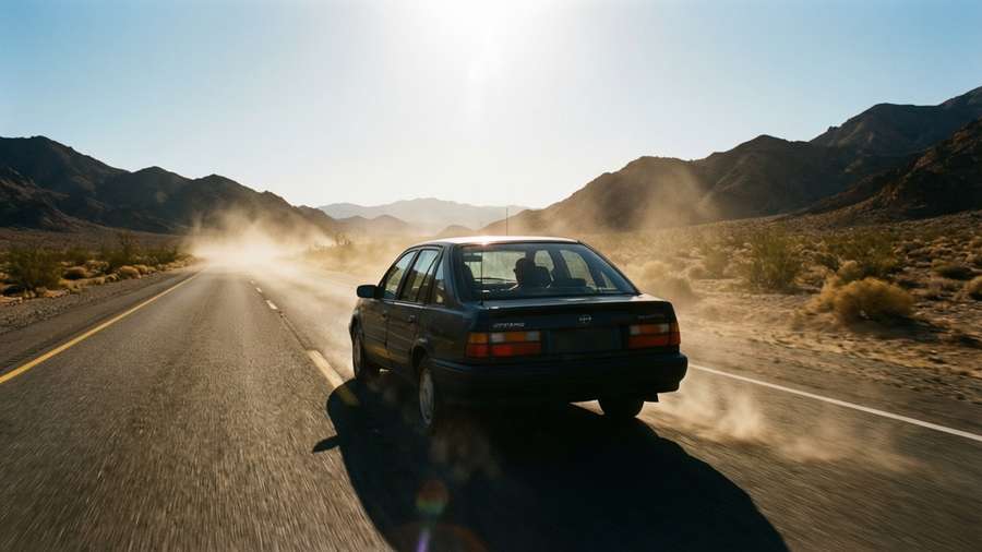 Opel Calibra speeding across a desert highway under harsh sunlight — Opel Calibra Picture