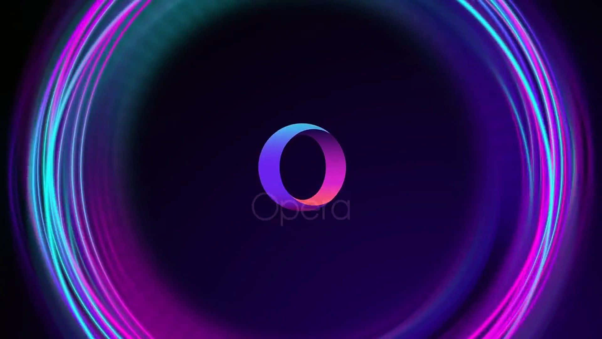Opera logo surrounded by swirling neon light rings on dark background — Opera Gx Wallpaper