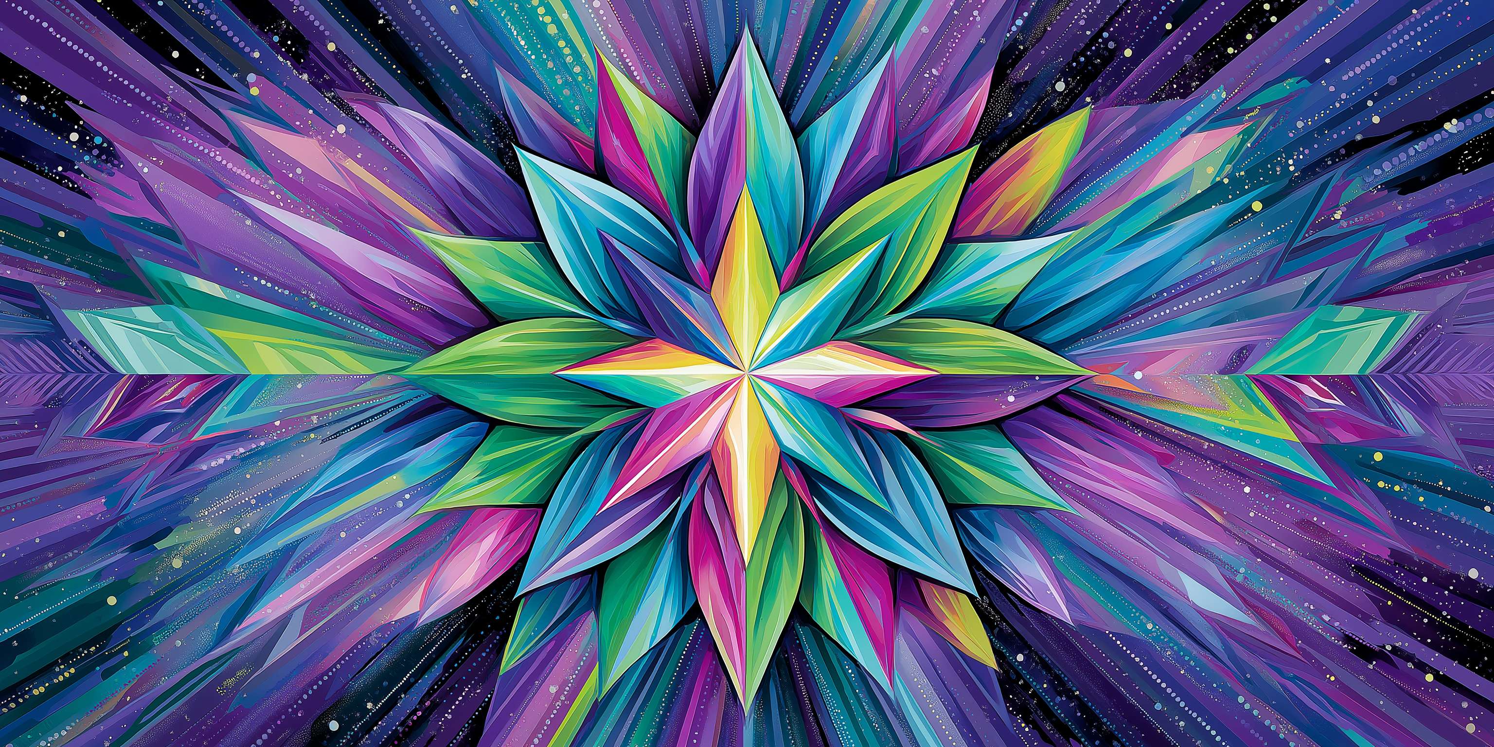 Vibrant geometric starburst radiating colorful light against a cosmic background. — Optical Illusion Background