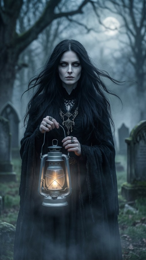 Gothic oracle in misty graveyard with lantern — Oracle Wallpaper