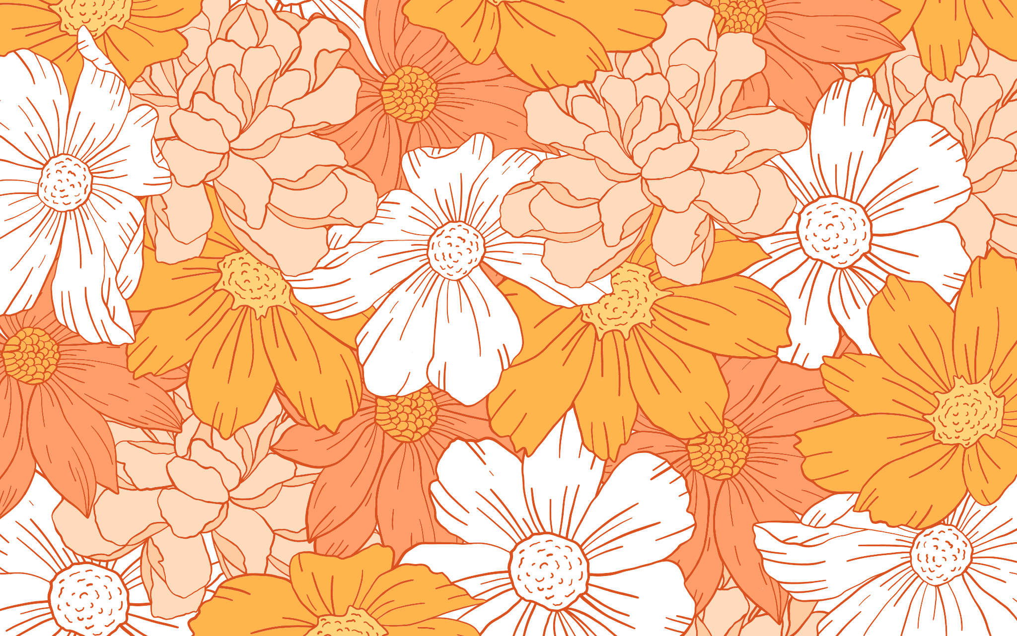 A colorful floral pattern featuring orange and white blossoms with outlined petals. — Orange Aesthetic Background