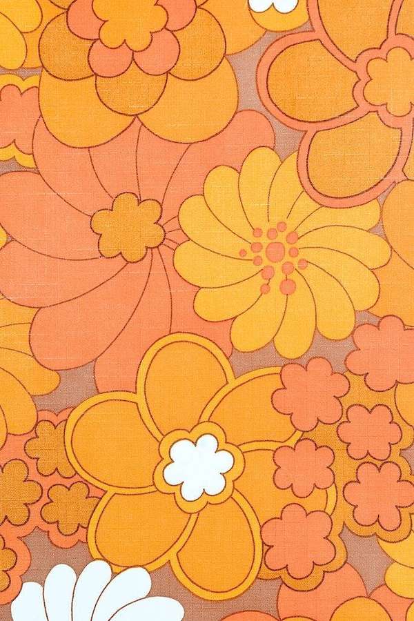Retro kukkakuviollinen tapetti, jossa oransseja, keltaisia ja persikanvärisiä kukkia teksturoidulla taustalla. — Orange Floral Taustakuvat