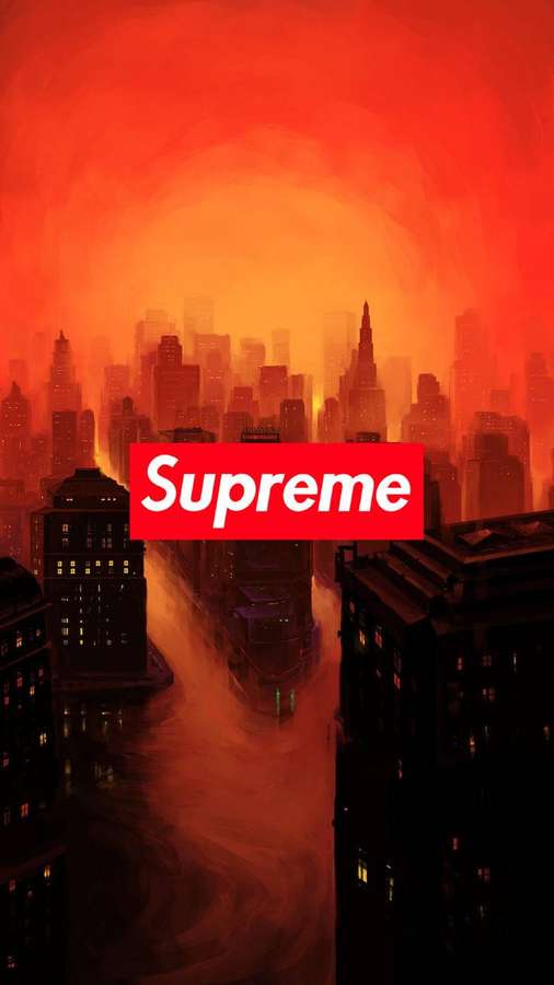 Eine Stadtsilhouette bei Sonnenuntergang mit einem roten Supreme-Logo. — Orange Supreme Wallpaper