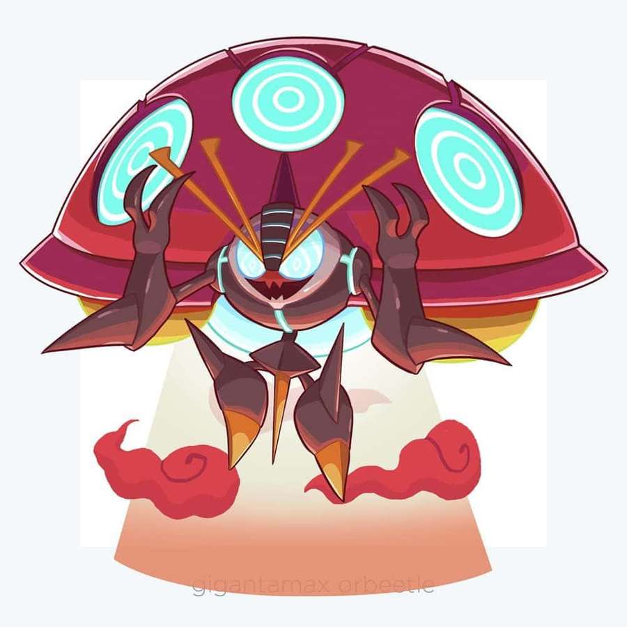 Personaje de anime Gigantamax Orbeetle con ojos brillantes y base de nube roja. — Orbeetle Fondos de pantalla