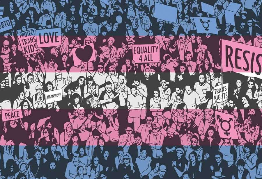 Multidão de manifestantes segurando cartazes pelos direitos trans e igualdade sob uma bandeira arco-íris. — Orgulho trans Papéis de Parede