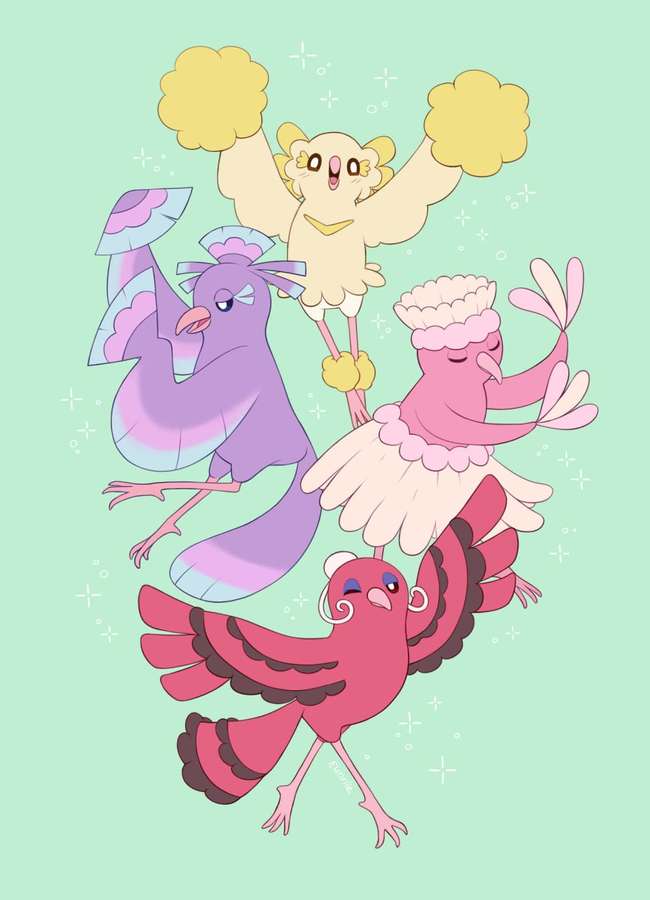 Four stylized birds in cheerleading costumes posing cheerfully with pom-poms. — Oricorio Wallpaper