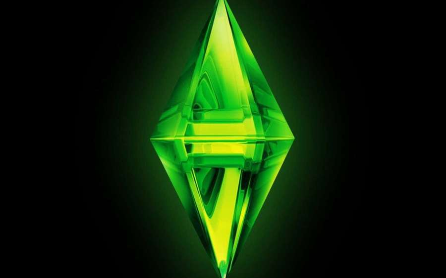Logotipo verde brilhante em forma de diamante com reflexos internos em fundo escuro — Os Sims 3 Papéis de Parede