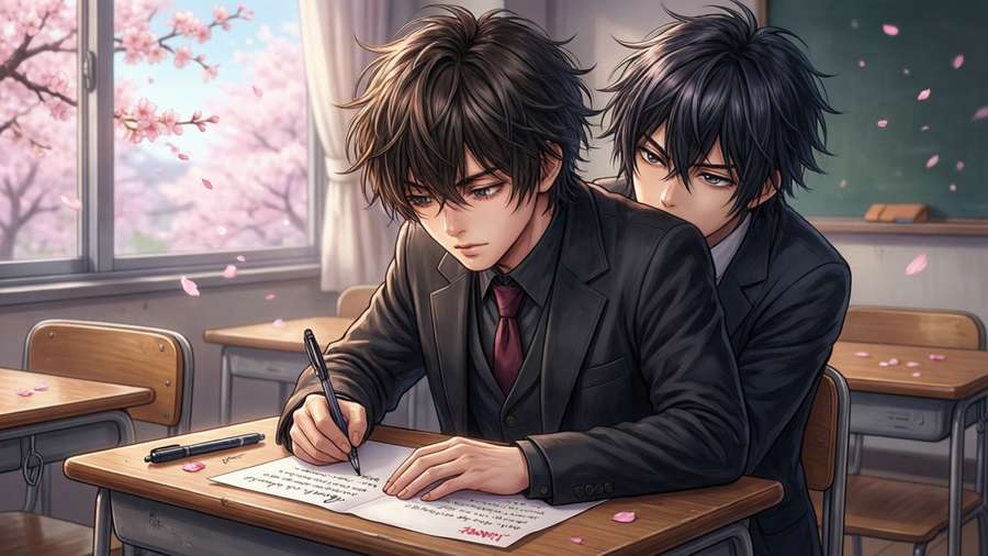 Maru writes a love letter as Kuro curiously watches. — Osamake Picture