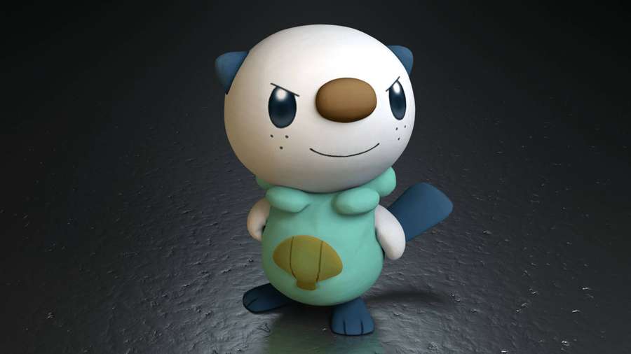 Un Pokémon nutria de dibujos animados sonriente en render 3D con colores azules y verdes. — Oshawott Fondos de pantalla