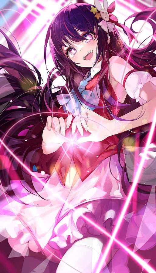 Anime girl with purple hair channeling glowing pink magic energy. — Oshi No Ko iPhone Wallpaper
