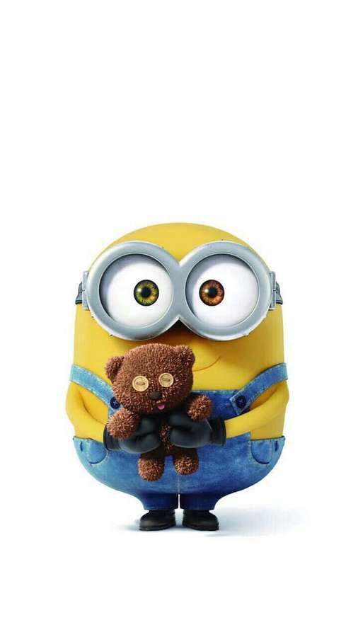 Un minion amarillo de dibujos animados sosteniendo un oso de peluche marrón sobre un fondo blanco. — Oso de peluche Fondos de pantalla