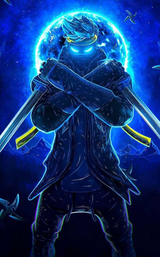 Um guerreiro ninja azul brilhante com espadas cruzadas sob uma lua cósmica. — Ótimo iPhone de anime Papéis de Parede