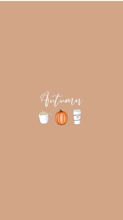 Ilustración otoñal con calabaza y tazas de café sobre fondo beige. — Otoño en iPhone Fondos de pantalla