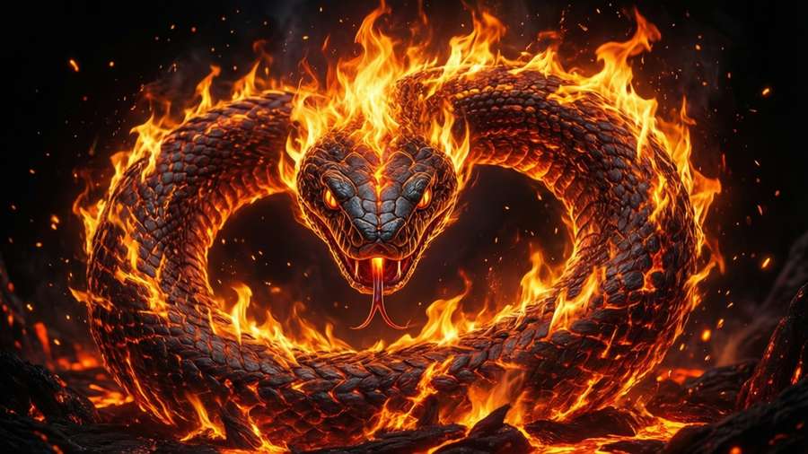 Fire and lava ouroboros, intense warm colors, 16:9 wallpaper. — Ouroboros Picture