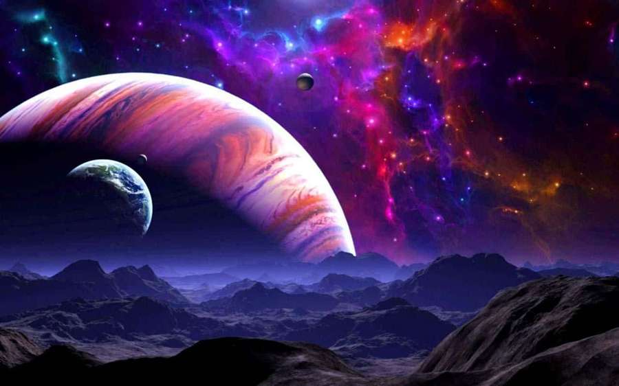 Alien mountains gaze up at a colorful nebula and two giant planets in space. — Outer Space Picture