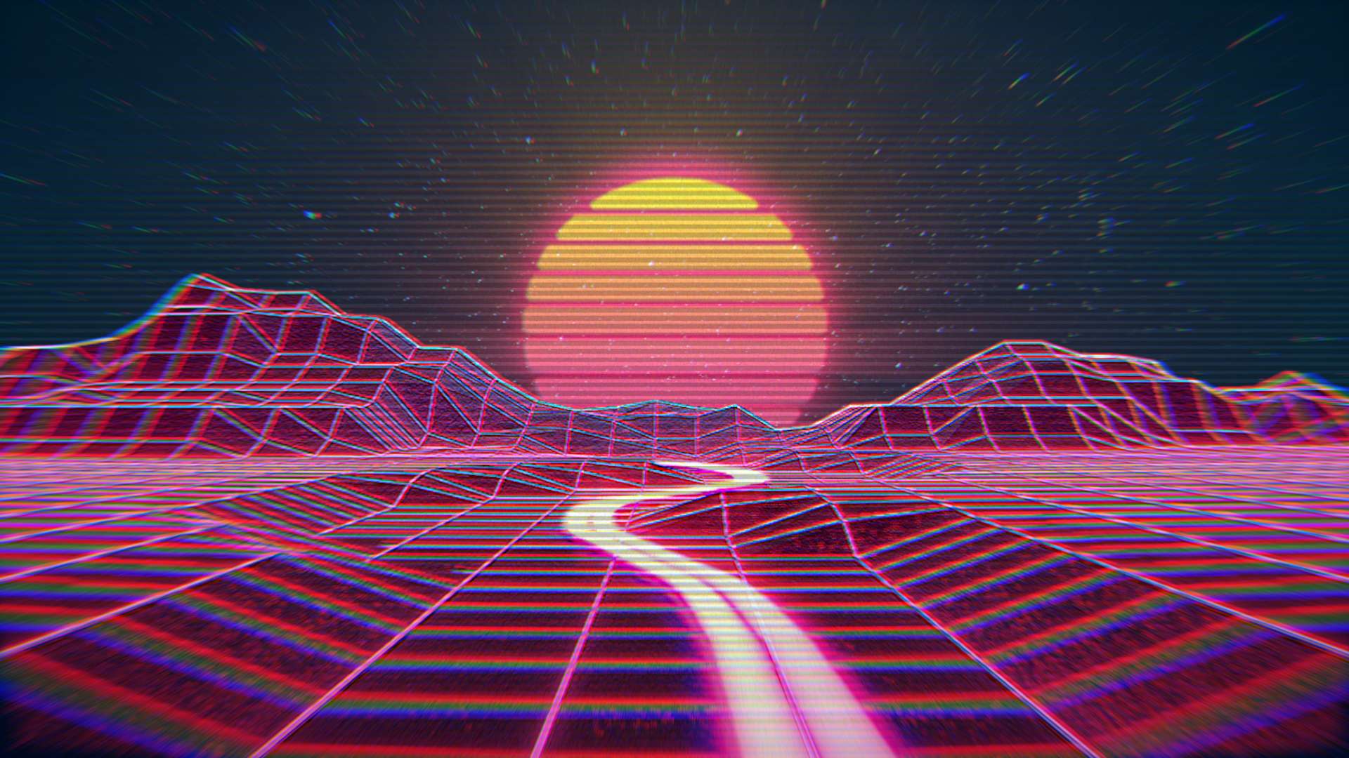 A glowing road winds through a neon grid landscape under a striped sun. — Outrun Background