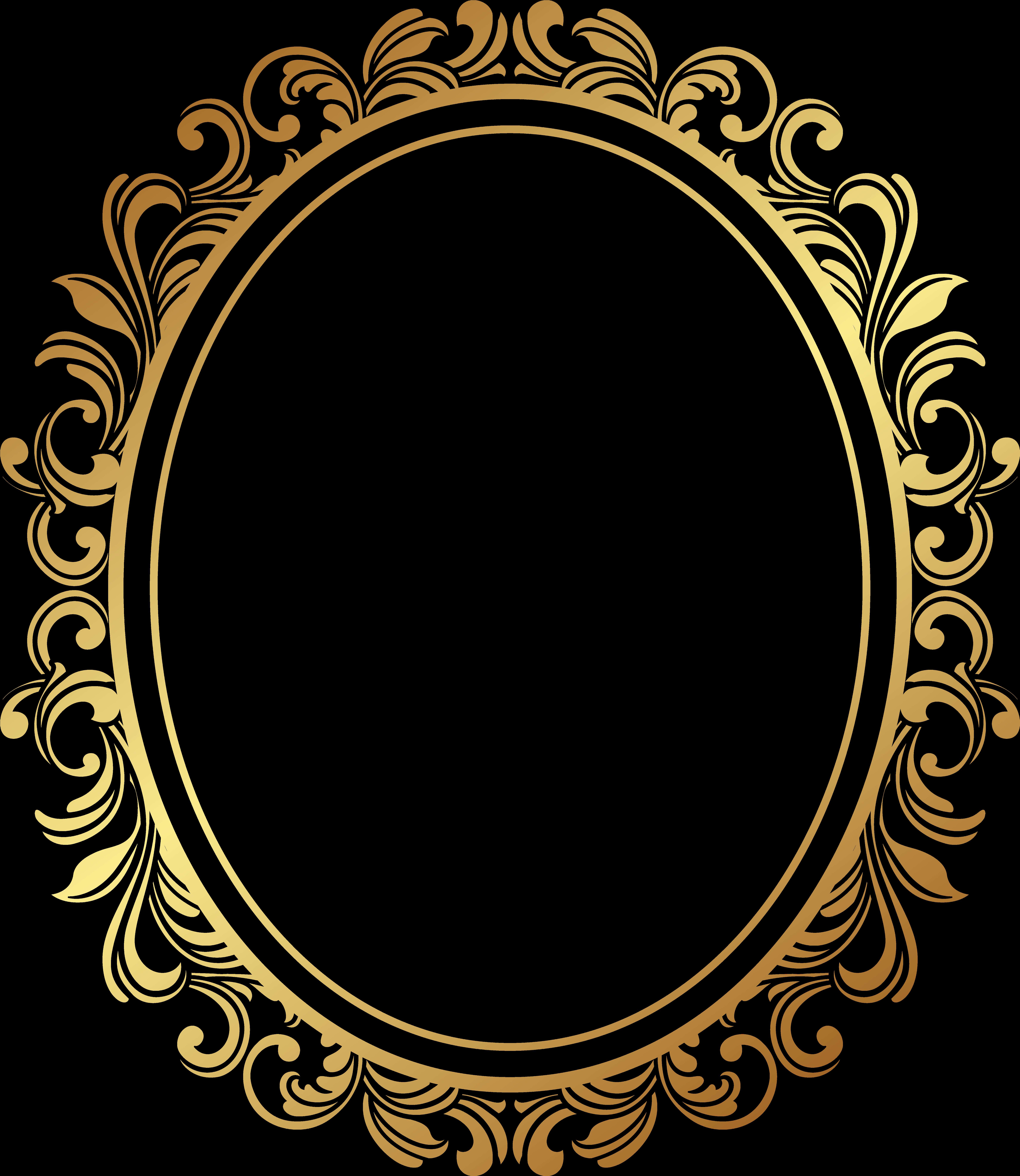 Elegant gold ornate oval frame with scrollwork on black background. — Oval Frame PNG