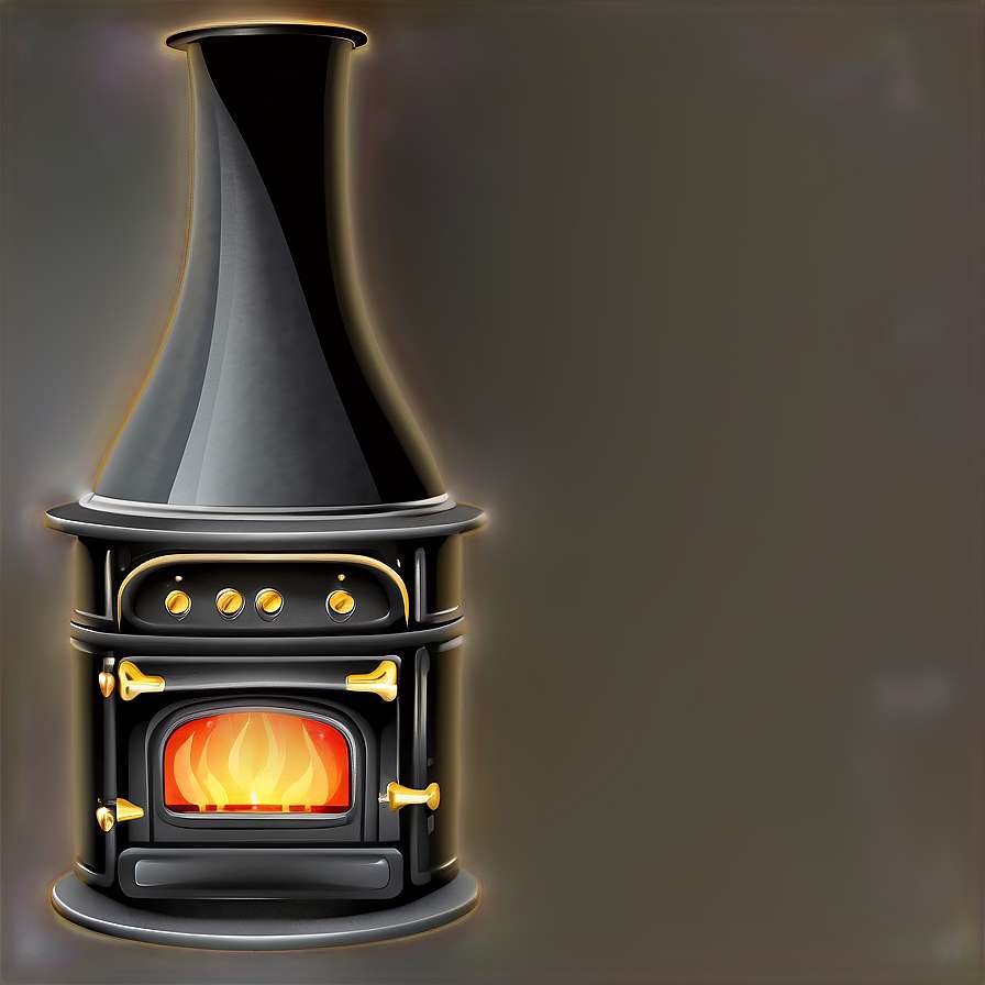 Black wood stove with golden handles and glowing fire inside. — Oven PNG