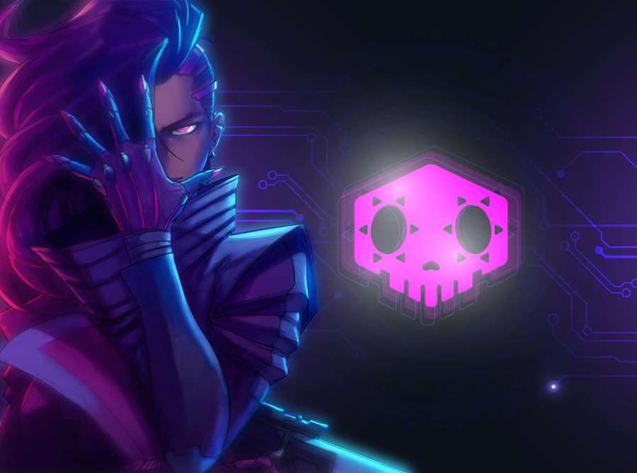 Cyberpunk anime character with glowing purple hair and cybernetic hand holding a glowing weapon. — Overwatch Background