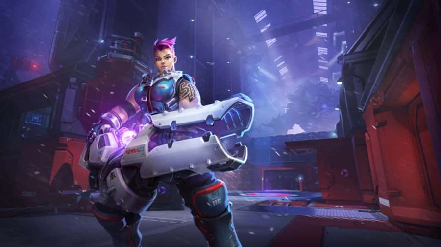 Pink-haired warrior in cyberpunk gear holding glowing weapon in neon-lit alley. — Overwatch Zarya Wallpaper