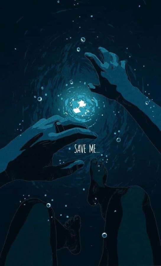 A person underwater reaching for a glowing light with hands and feet visible, bubbles rising, text reads save me — Overwhelmed Wallpaper
