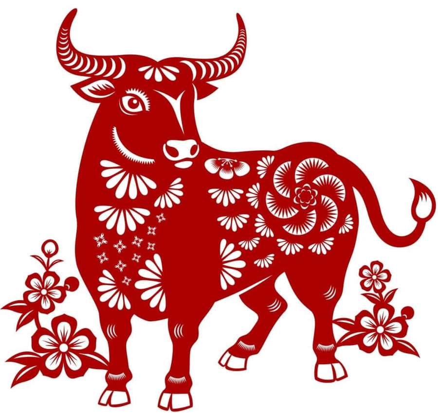 Red paper-cut bull with floral designs surrounded by flowers. — Ox Background
