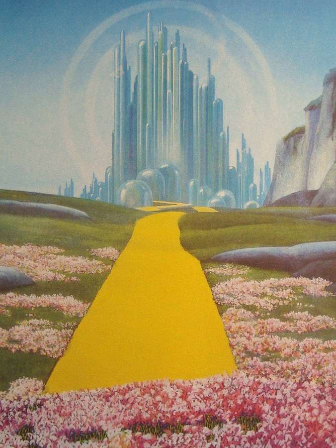 Caminho amarelo através de flores cor-de-rosa levando a cidade futurista sob céu azul — Oz, o Grande e Poderoso Papéis de Parede